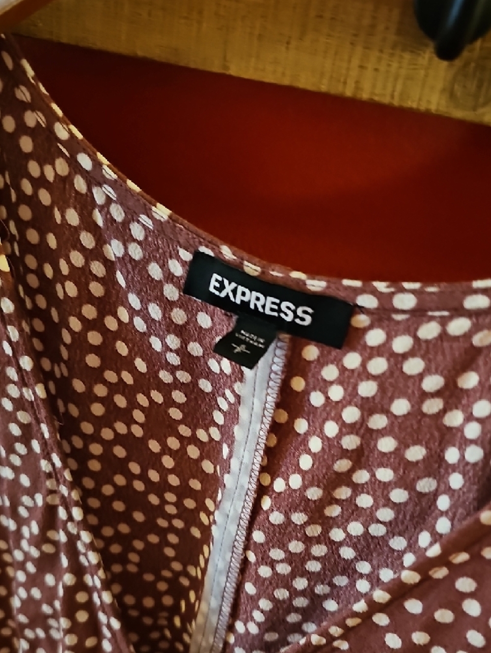 Express Burgandy Polka Dot Midi Dress. - Picture 2 of 5